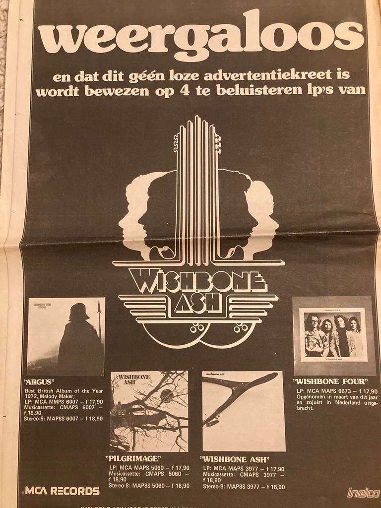 Paginagrote A3 advertentie WHISHBONE ASH release, Ophalen of Verzenden