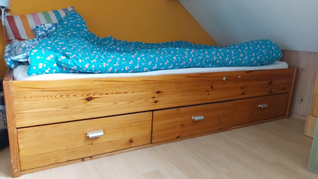Bed met drie lades, 100x210, Ophalen, Eenpersoons, 210 cm, Hout