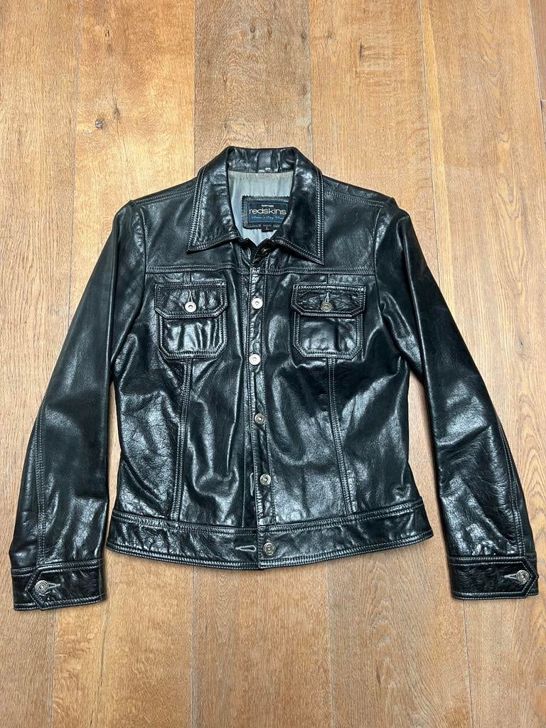 Vintage Redskins Dames Trucker Spijkerjack Leer Zwart L, Ophalen of Verzenden, Gedragen, Maat 42/44 (L), Zwart