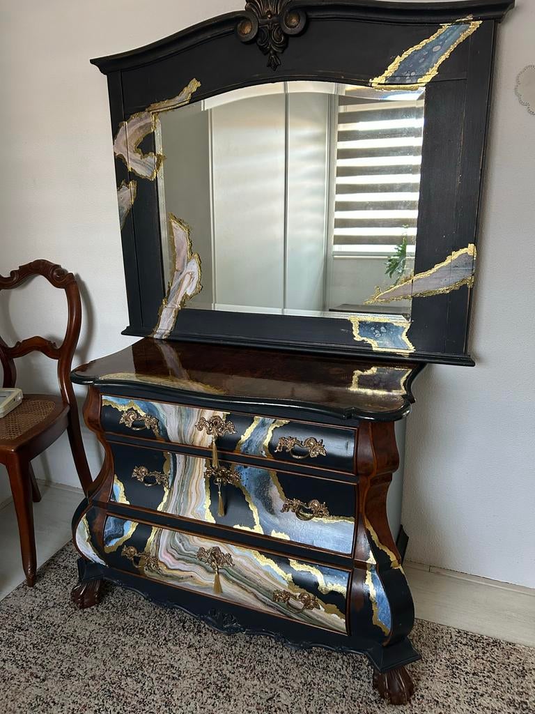 Buikkast met kuifspiegel - Uniek gepimpt!, Ophalen, Gebruikt, 50 tot 100 cm, Met lade(s)