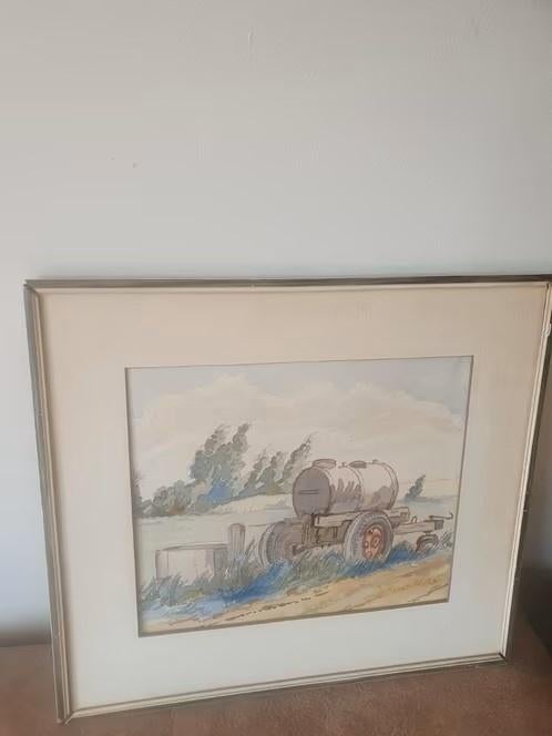 aquarel Boerenlandschap Gierwagen onleesbaar gesigneerd., Ophalen