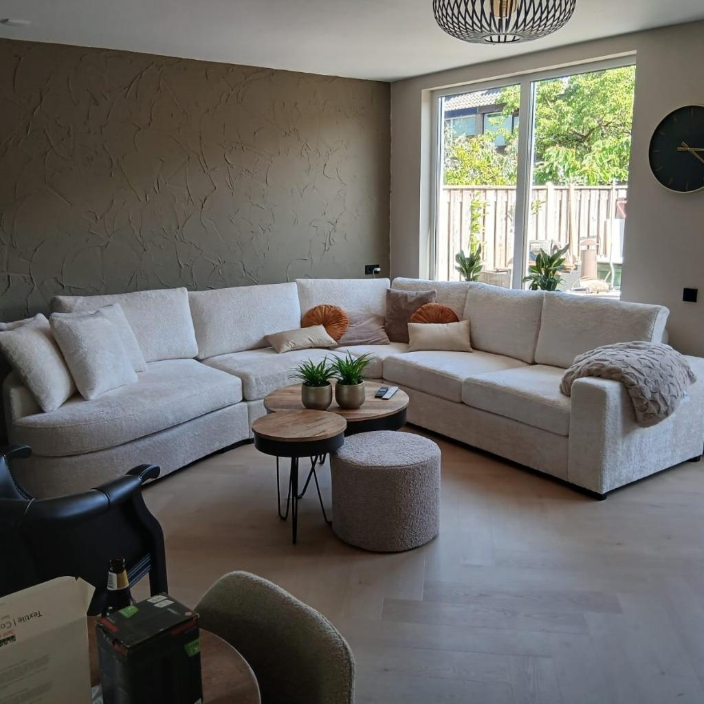 Hoekbank Beige Velours Leer Velvet Ribstof Teddy SALES, Hoekbank, Nieuw, Ophalen of Verzenden, Minder dan 150 cm