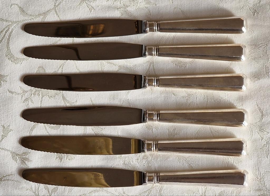 6 verzilverde messen, Sola 100, art deco model, Antiek en Kunst, Antiek | Bestek, Ophalen of Verzenden