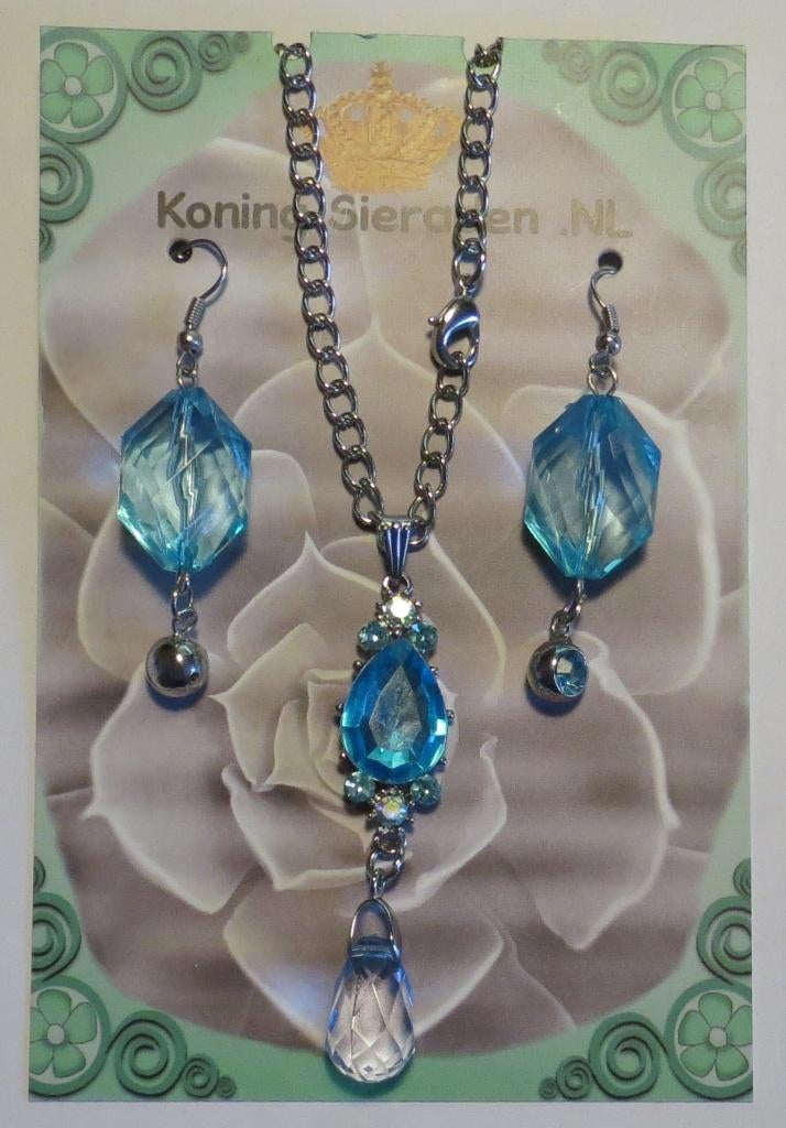 Blauw strass Setje hanger en oorbellen met ketting, Sieraden, Tassen en Uiterlijk, Kettingen, Nieuw, Overige materialen, Blauw