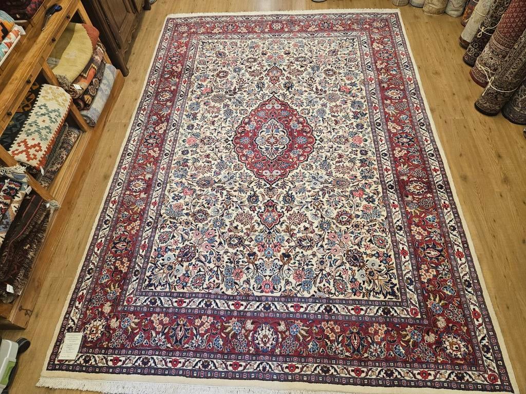 Handgeknoopt perzisch tapijt mashad 365x245, Info@SlatsAntiek.nl, Crème, Perzisch, Vof Slats Antiek