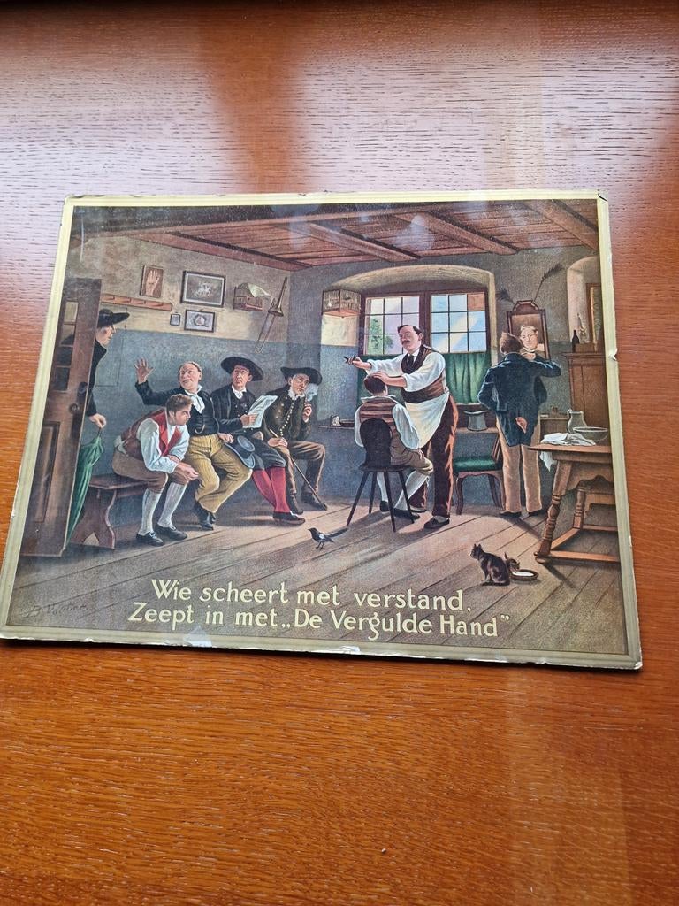Vintage reclameplaat 'De Vergulde Hand' barbier, Antiek en Kunst, Ophalen of Verzenden