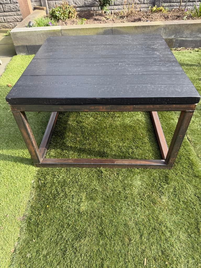 Stalen tafel met steigerhout blad 80x80 - industrieel design, Huis en Inrichting, Tafels | Salontafels, Ophalen, Gebruikt, 50 tot 100 cm