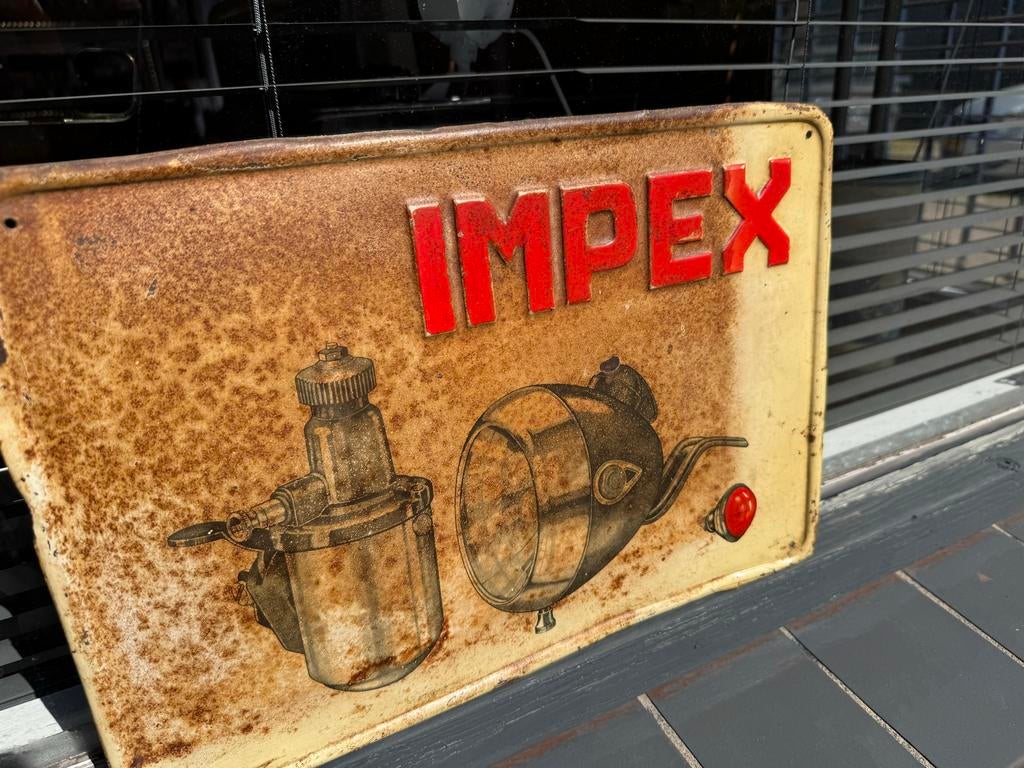 IMPEX oud metalen reclame bordje, Verzamelen, Merken en Reclamevoorwerpen, Reclamebord, Gebruikt, ., Ophalen of Verzenden