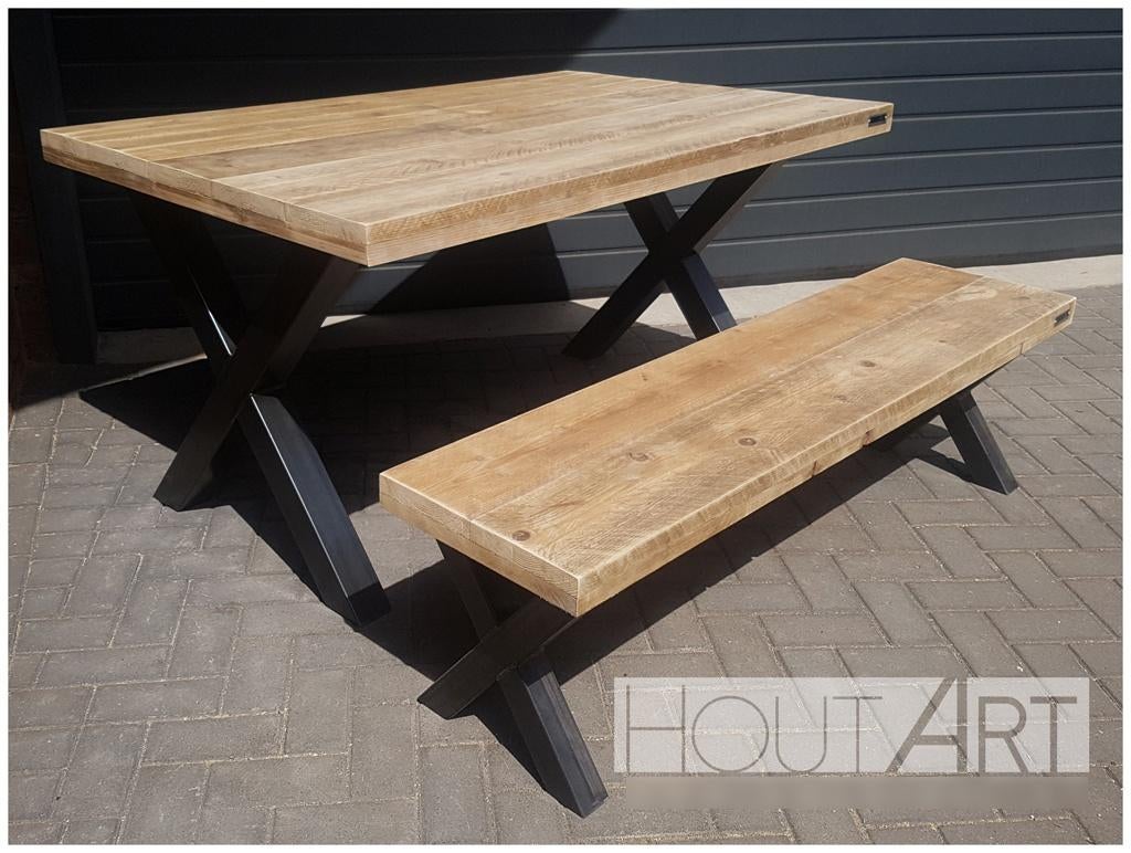 Bank stalen x-poten met steigerhout!, Info@hout-art.nl, Nieuw, Ophalen of Verzenden, Hoeves 3 in Schijndel