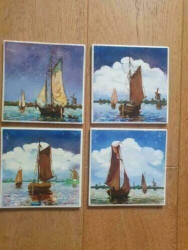 4 x tegel platbodem hollands landschap gesigneerd, Antiek en Kunst, Antiek | Wandborden en Tegels, Ophalen