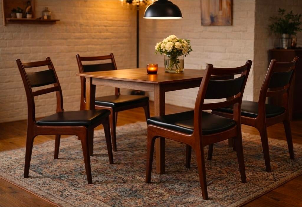 Set van 4 vintage design stoelen, Palissanderhout met skai, Huis en Inrichting, Gebruikt, Leer, Ophalen of Verzenden, Vier