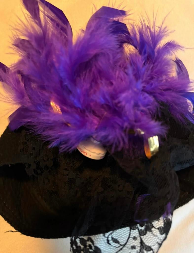 Elegante zwarte hoedje met paarse veren, Ophalen of Verzenden, Zo goed als nieuw, One size fits all, Hoed