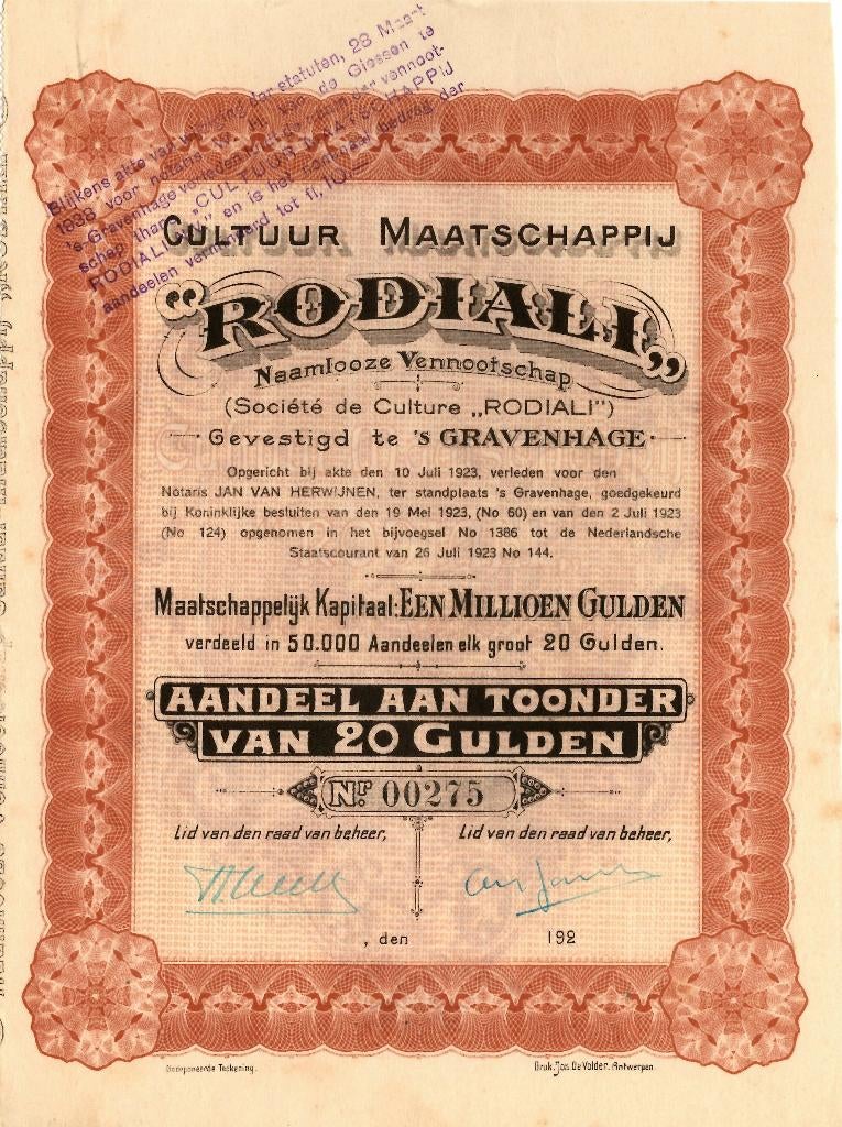 Aandeel Cultuur Mij. Rodiali 1923, Postzegels en Munten, Aandelen en Waardepapieren, Ophalen of Verzenden, 1920 tot 1950, Aandeel