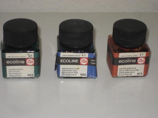 antieke flesjes Ecoline van Talens 3 stuks rood blauw groen, Ophalen of Verzenden, Gebruikt, Boek of Gids