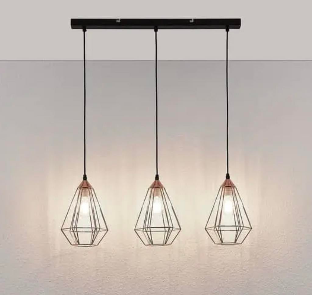 Lindby hanglamp met 3 koperkleurige kooilampen, Huis en Inrichting, Lampen | Hanglampen, Ophalen, Nieuw, Metaal, 75 cm of meer