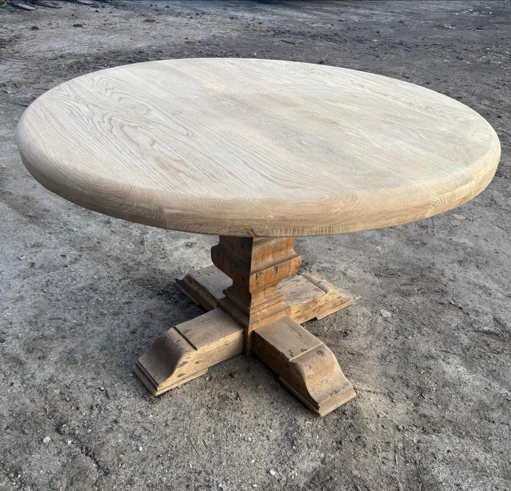 Massief eiken ronde kloostertafel., Ophalen, Gebruikt, 100 tot 150 cm, Vier personen
