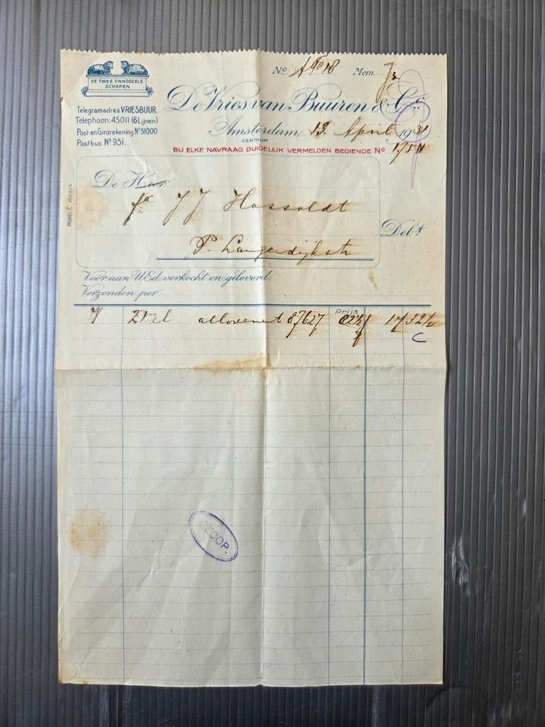 Oude factuur Amsterdam 1931 – De Vries van Buuren & Co, Boeken, Gelezen, Ophalen of Verzenden, Landkaart, 1800 tot 2000