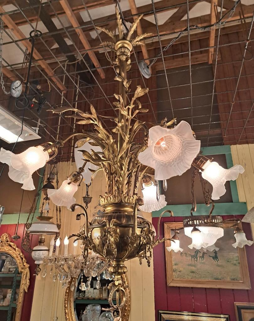 Echte antieke vuur vergulde kroonluchter met bokken kopjes, Ophalen