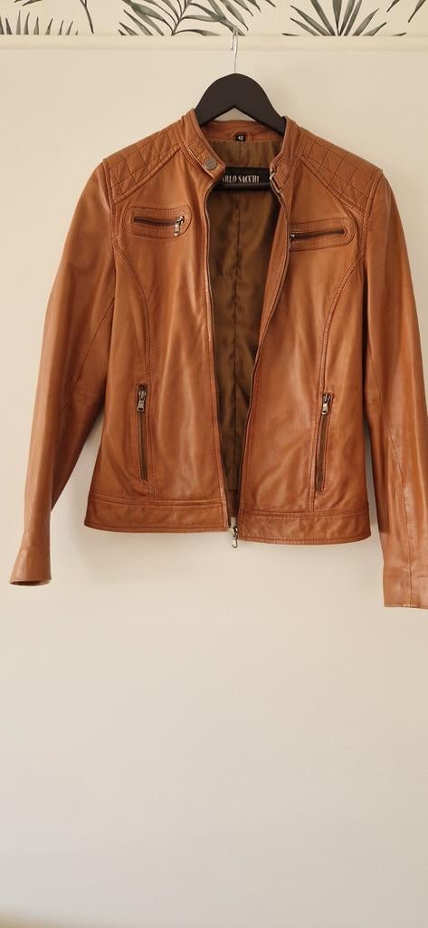 Cognac leren jack Carlo Sacchi maat 42, Ophalen of Verzenden