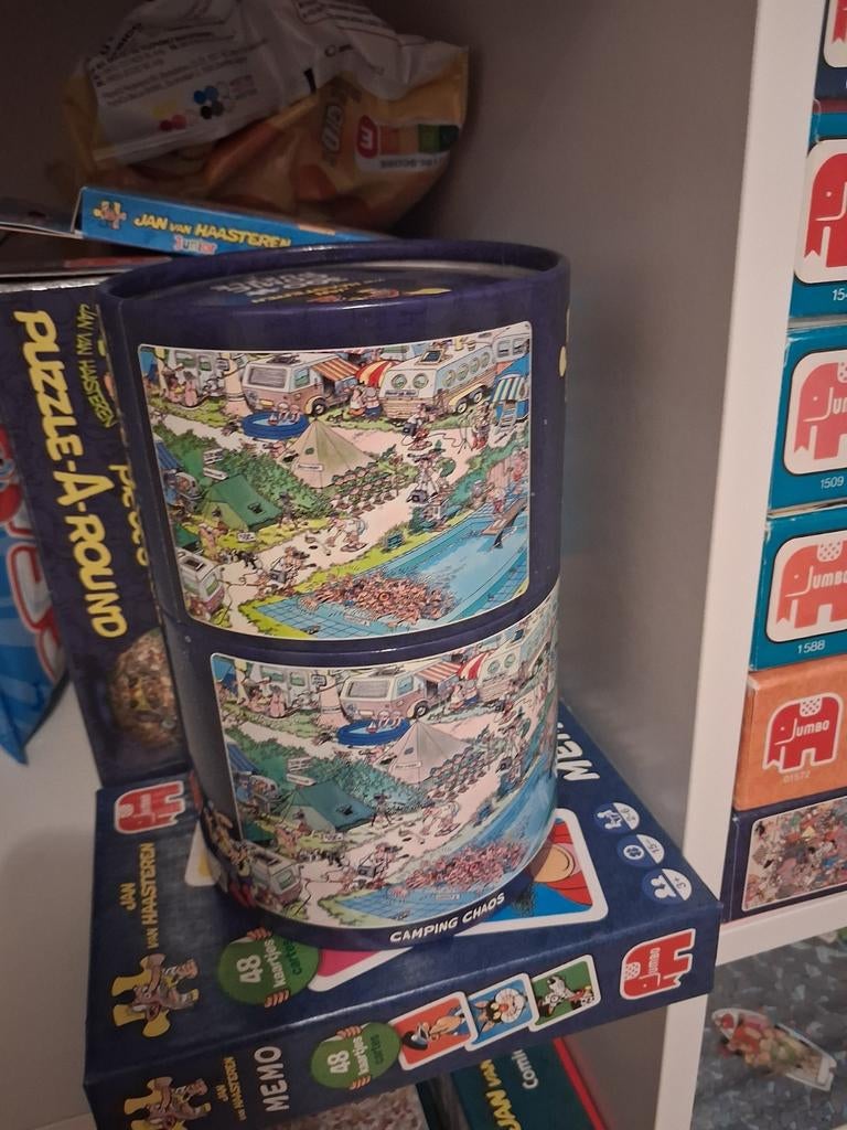 Camping chaos in ronde doos, Hobby en Vrije tijd, Denksport en Puzzels, Ophalen of Verzenden, Minder dan 500 stukjes, Zo goed als nieuw