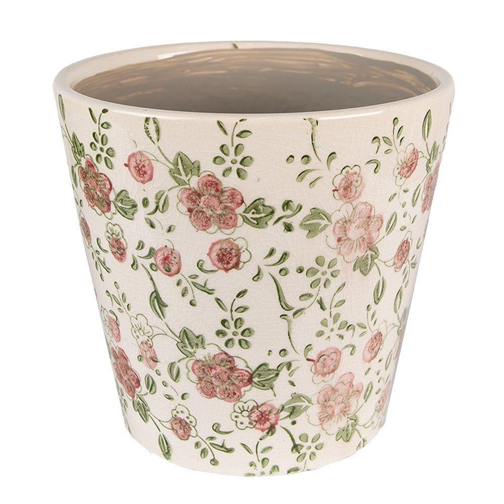 Clayre & Eef bloempot keramiek beige met bloemen Ø12 cm, Ophalen of Verzenden, Halfschaduw, Minder dan 100 cm