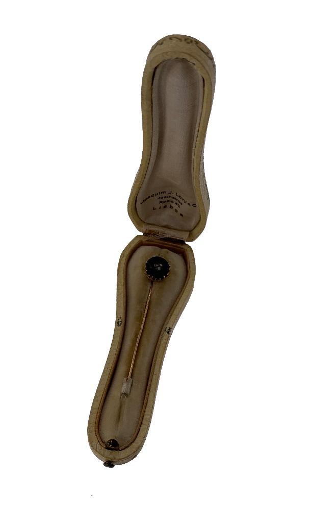 Das speld broche 14k goud antiek parel onyx foedraal