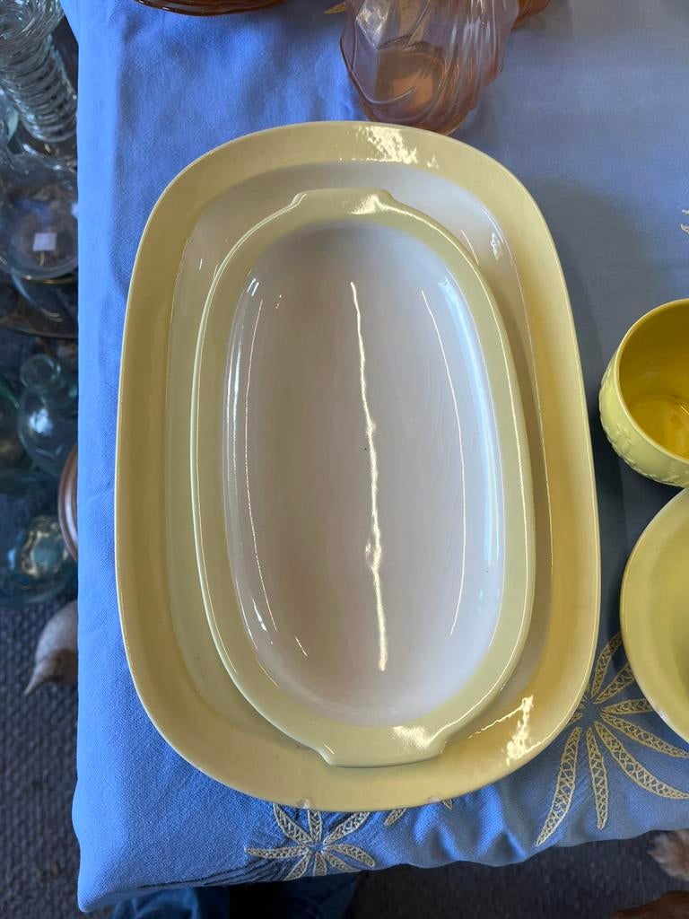 leuke retro schalen in zacht groen geel en grijs, Ophalen of Verzenden, Huis en Inrichting