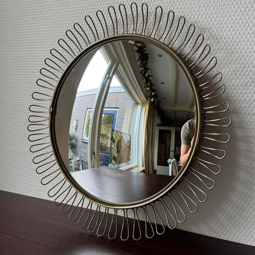 Vintage DeKnudt Ronde Zonnespiegel Messing, Butler Spiegel, Minder dan 50 cm, Gebruikt, Rond, Ophalen of Verzenden