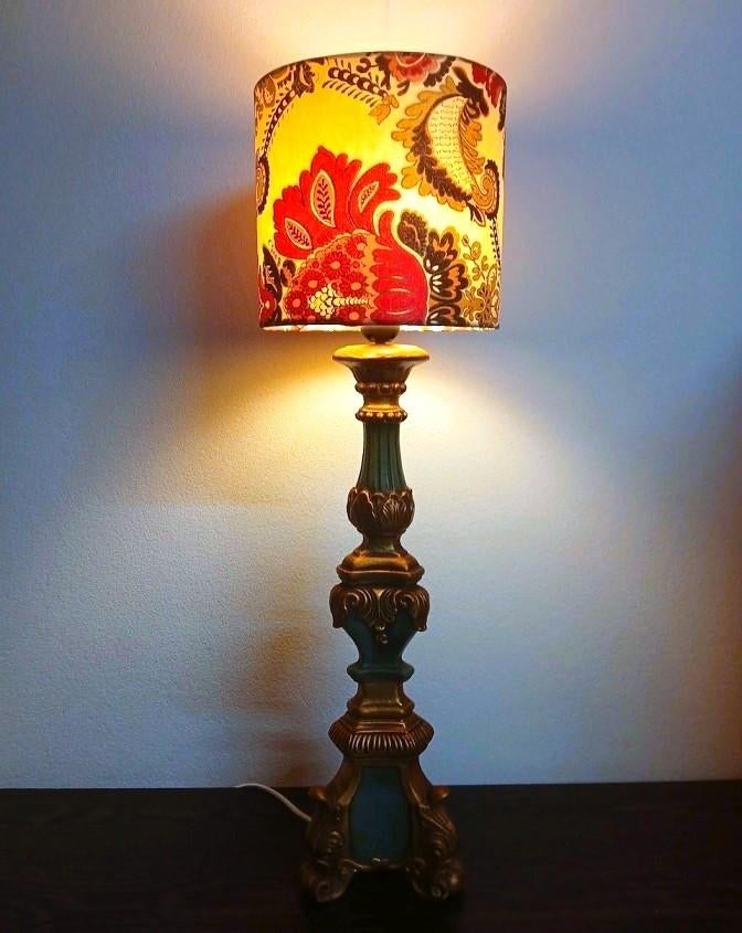 Grote tafellamp barok goud met groen voet - crème lampenkap, Ophalen of Verzenden, Gebruikt, Klassiek / antiek, Minder dan 50 cm