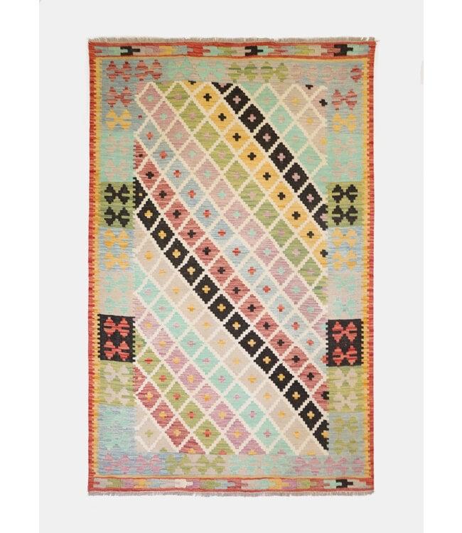 Handgemaakte Afghaanse Kelim Vloerkleed 203x150cm, Huis en Inrichting, Wit, 150 tot 200 cm, Ophalen of Verzenden, Rechthoekig