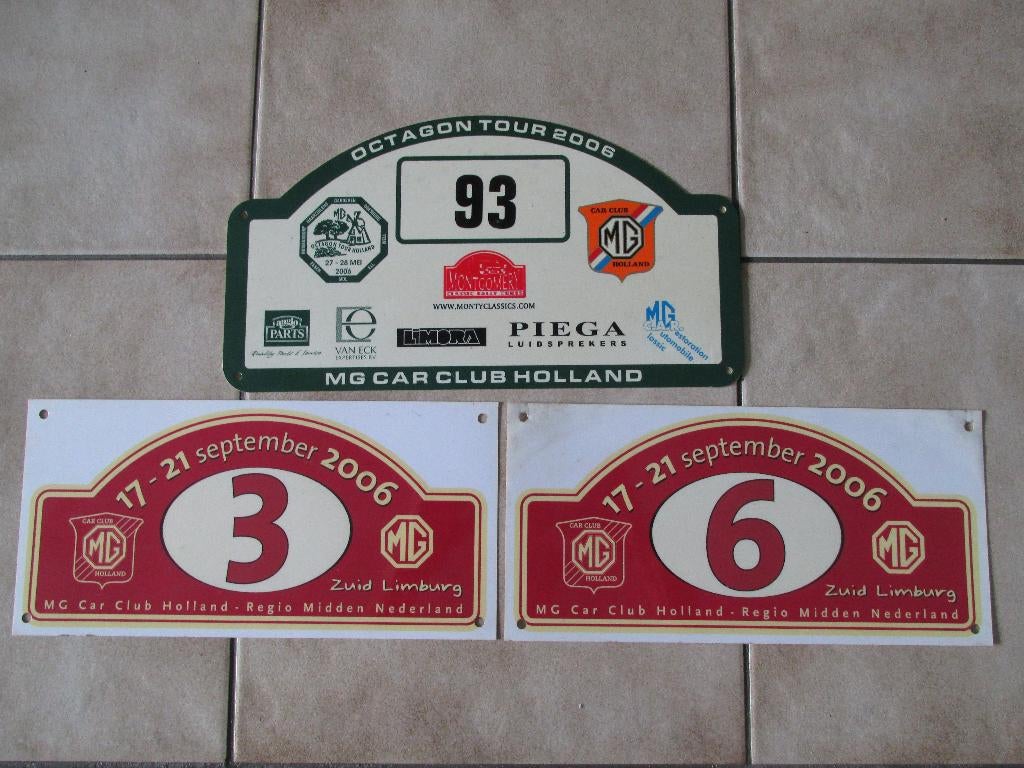 MG Car Club Holland: drie tour bordjes uit 2006, Ophalen of Verzenden, Gebruikt, Auto's