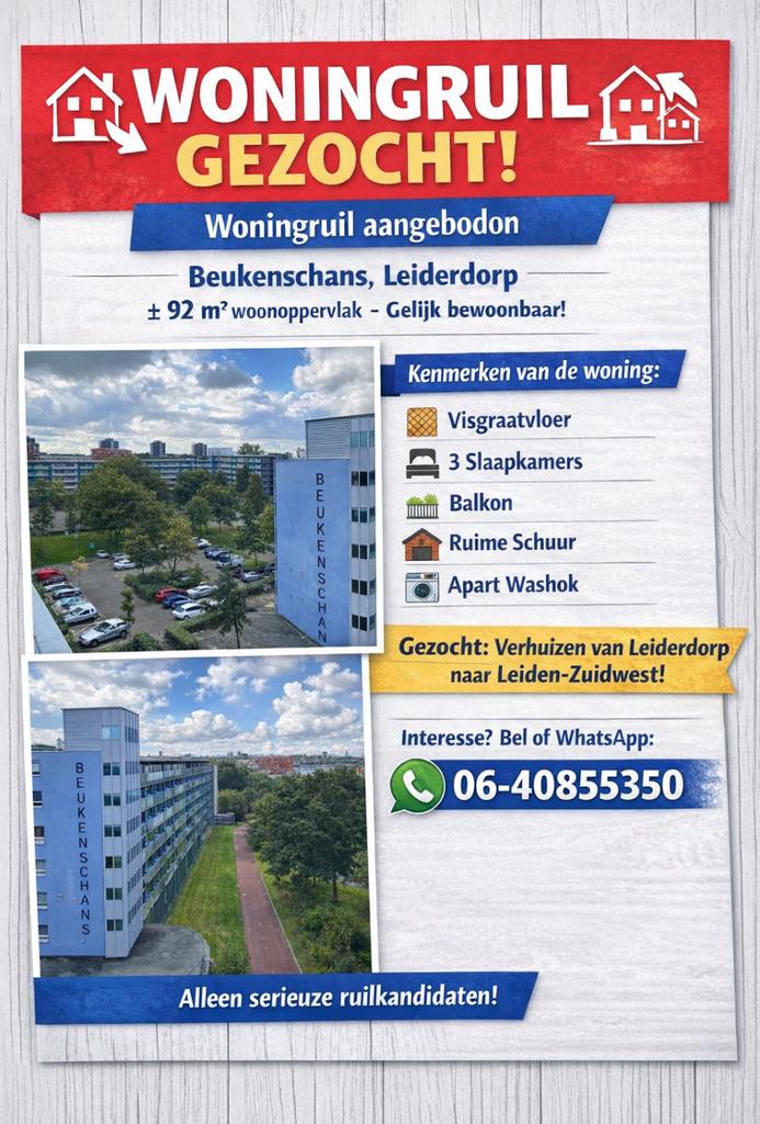 Woningruil / u naar leiderdorp ik naar Leiden zuidwest, Ophalen of Verzenden