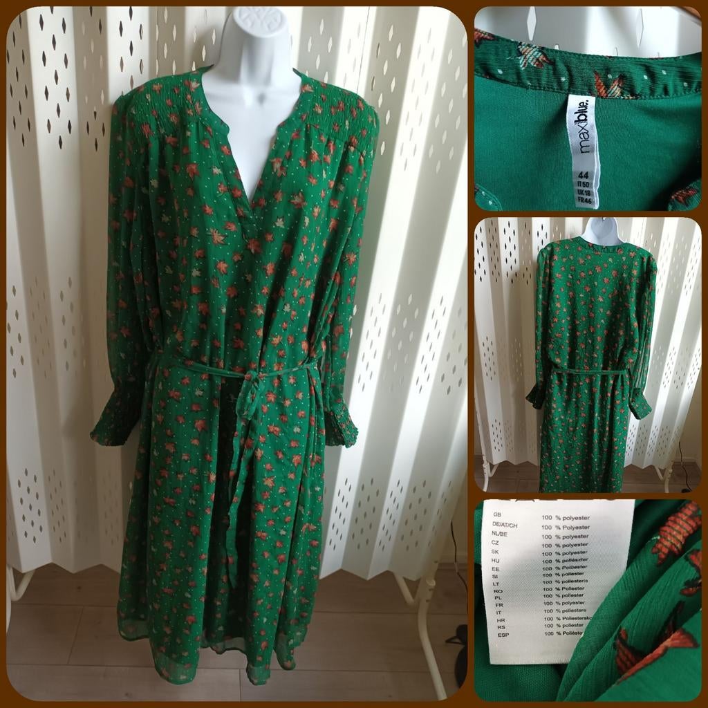 Maxiblue groene damesjurk blaadjesprint onderjurk 44, Kleding | Dames, Maat 42/44 (L), Ophalen of Verzenden, Zo goed als nieuw