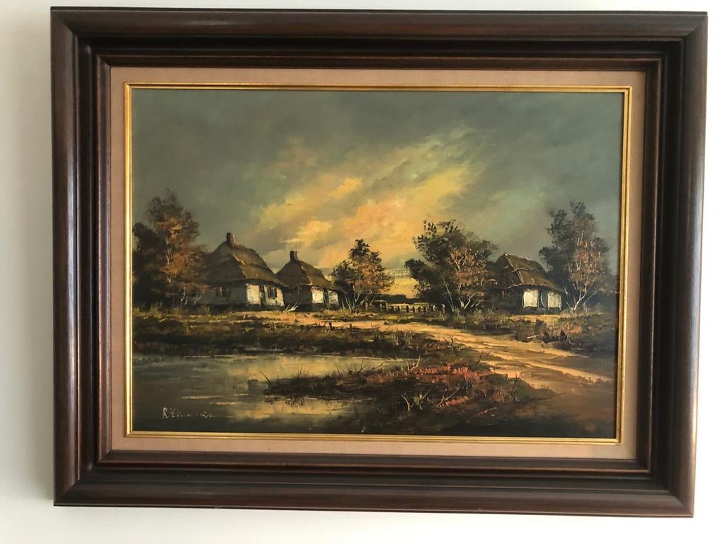 Schilderij met boerderijen en water, Antiek en Kunst, Kunst | Schilderijen | Klassiek, Ophalen