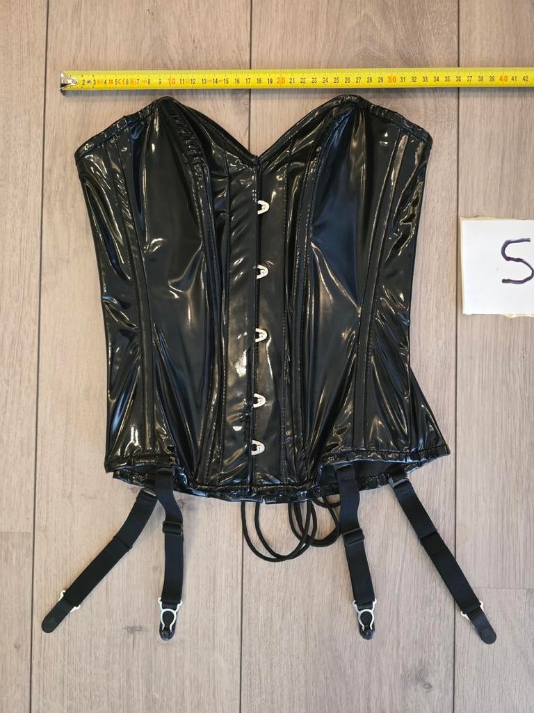 Nieuw Zwart Stevig Lak Corset Maat S met Jarretelles, Verzenden