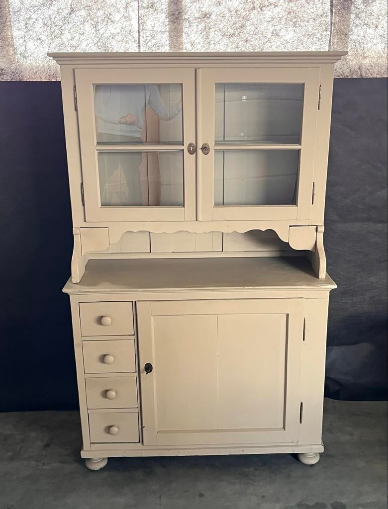 Brocante Keuken/Boerenkast - Tweedelig met Glazen Deuren, Ophalen, Gebruikt