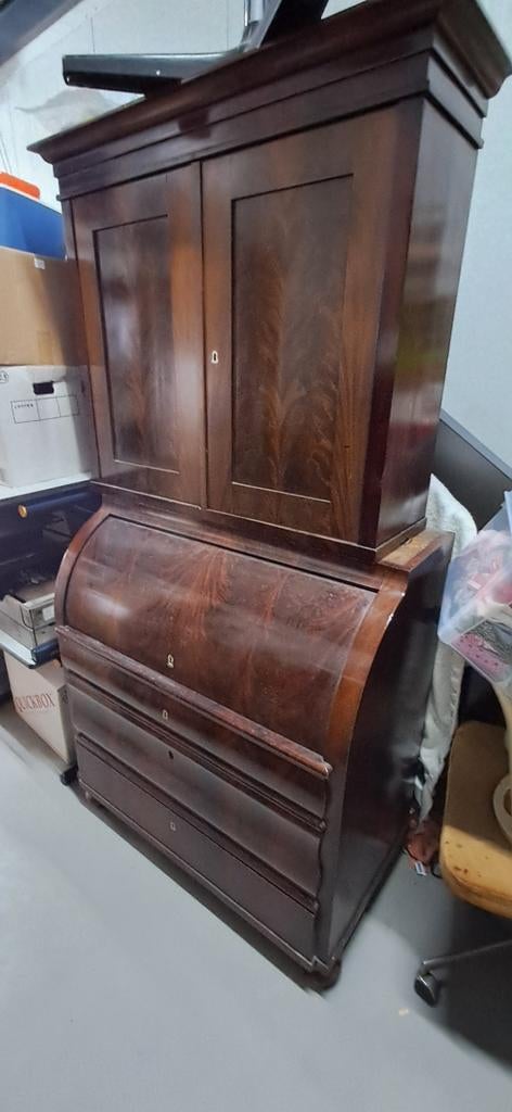 MAHONIE Cilinder secretaire kast, 210 hoog, in 2 delen, Ophalen