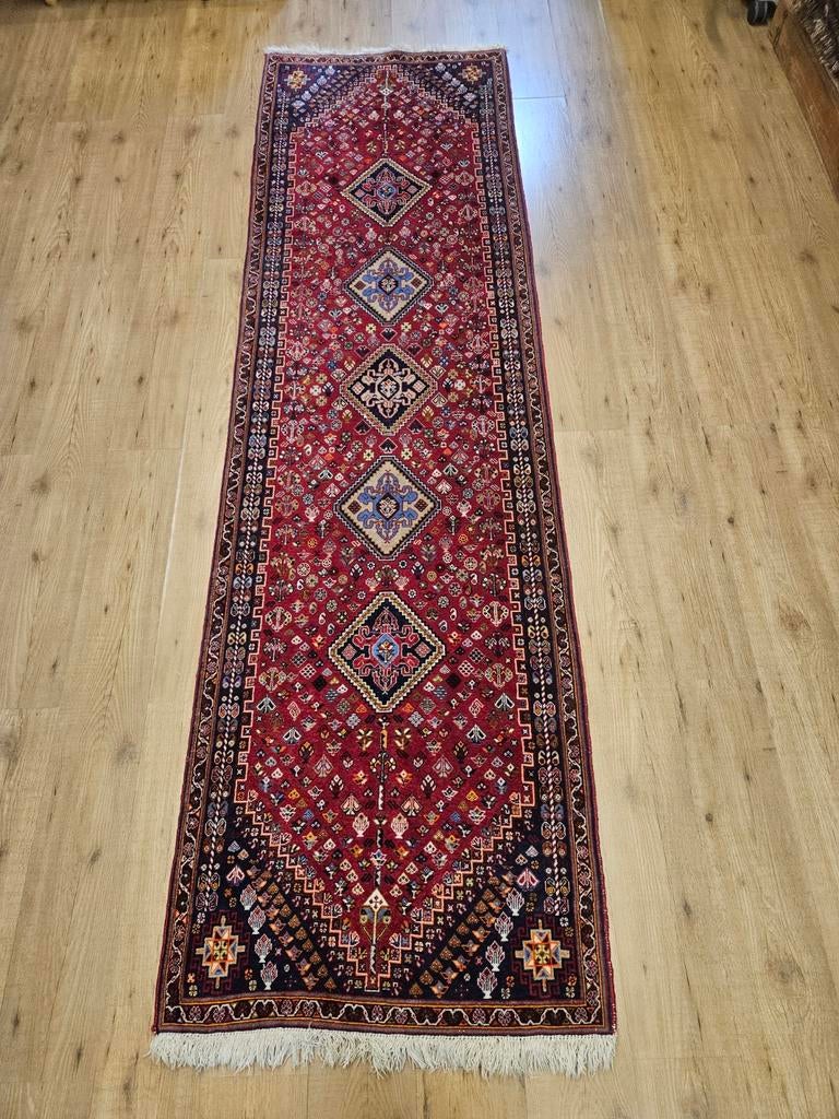 Vintage handgeknoopt perzisch tapijt loper qashqai 304x87, Info@SlatsAntiek.nl, Perzisch, 200 cm of meer, Rechthoekig