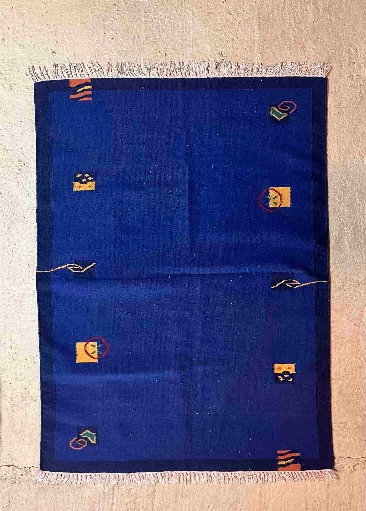 Kelim handgeweven wollen kleed blauw met accenten 176/129