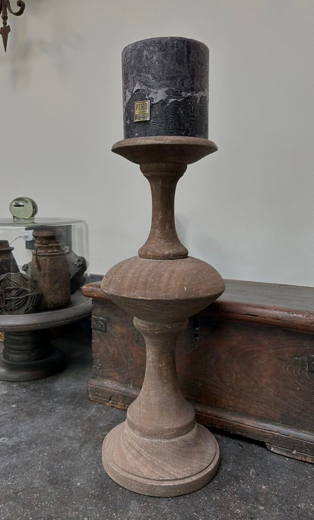 Vergrijst houten bol kandelaar baluster Oosters sober sleets, Ophalen of Verzenden