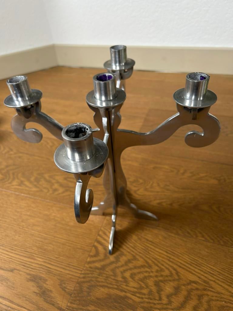 Kandelaar 5 armen voor dinerkaarsen zilverkleurig design, Gebruikt, 25 tot 50 cm, Ophalen of Verzenden, Grijs