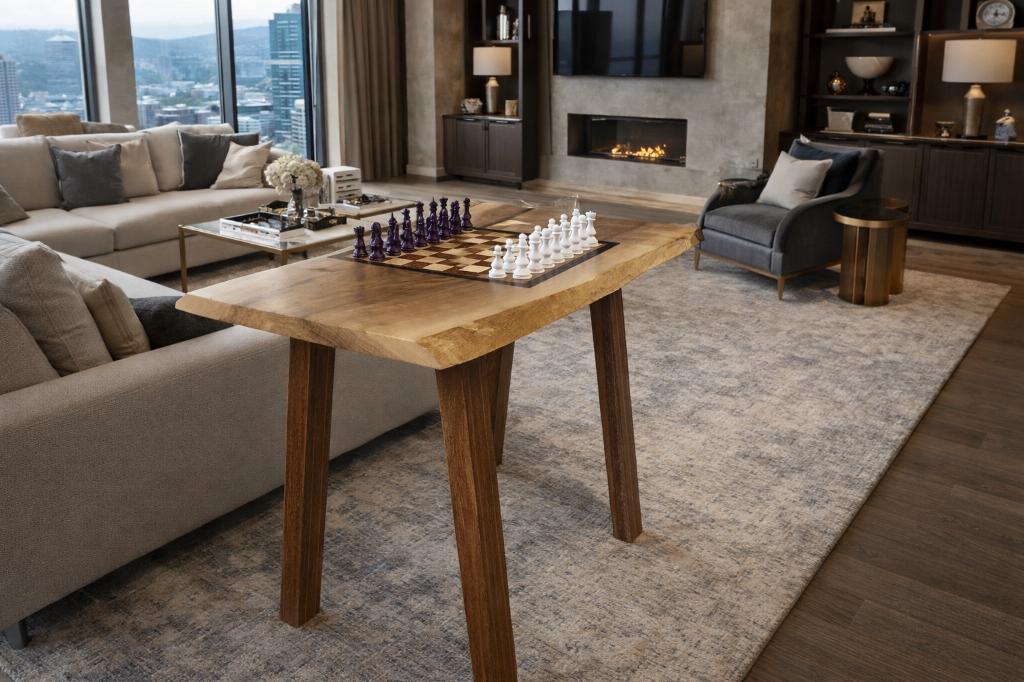 Schaaktafel verwerkt in een houten slab / schaaldeel, Huis en Inrichting, Rustiek, ambachtelijk, natuurlijk, tijdloos, Nieuw, Ophalen of Verzenden