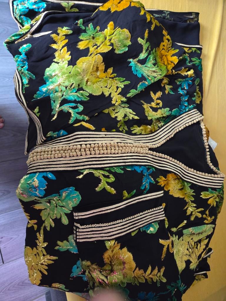 Prachtige Marokkaanse Kaftan met Bloemenprint, Overige typen, Zwart, Maat 42/44 (L), Ophalen of Verzenden