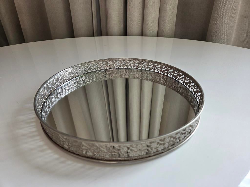 Zilverkleurig dienblad/kaarsenplateau spiegelbodem 28cm, Ophalen, Overige materialen, Schaal, Rond