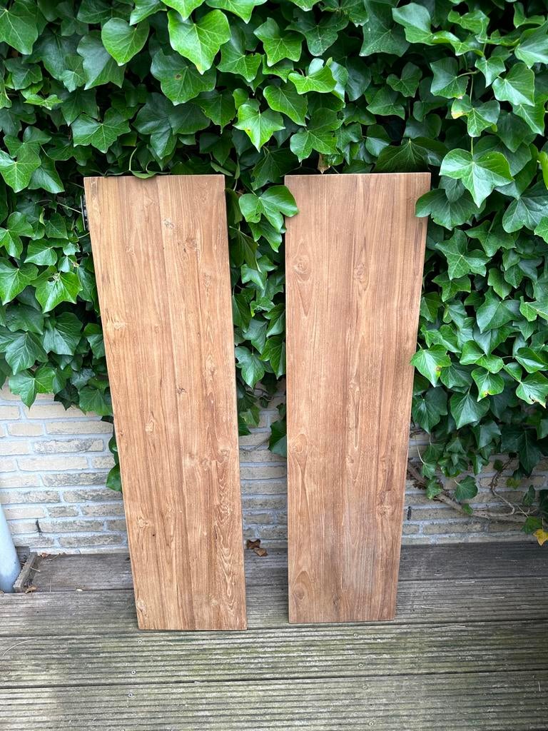 Twee teakhouten wandplanken | massief | 120x30x4 cm, Doe-het-zelf en Verbouw, Hout en Planken, Ophalen, Gebruikt, Plank, 50 mm of meer