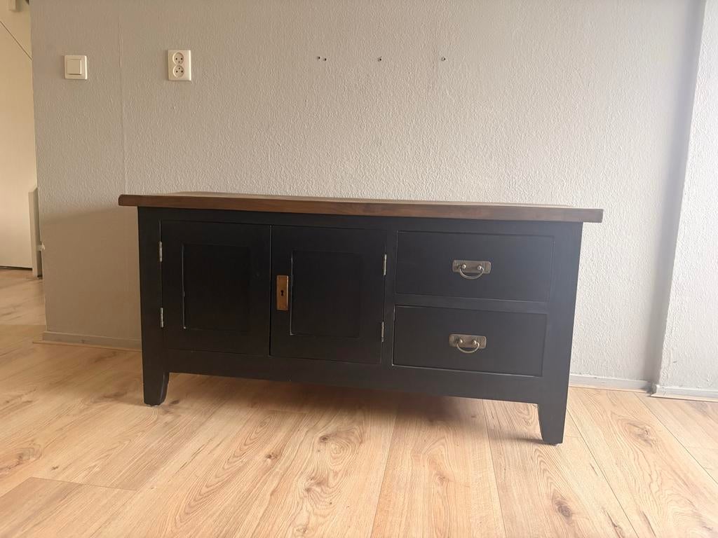 Stijlvol Houten TV Meubel - Zwart met Houttint Blad, Ophalen, Gebruikt, 100 tot 150 cm, Minder dan 100 cm