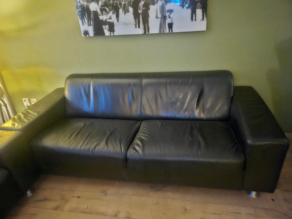 Zwart leren banken, Gebruikt, Ophalen of Verzenden, Modern, 200 tot 250 cm