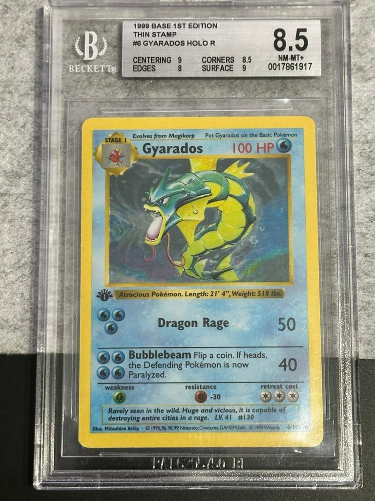 Gyarados Base Set 1st Edition BGS 8.5 Pokémon Kaart, Ophalen of Verzenden, Zo goed als nieuw, Losse kaart