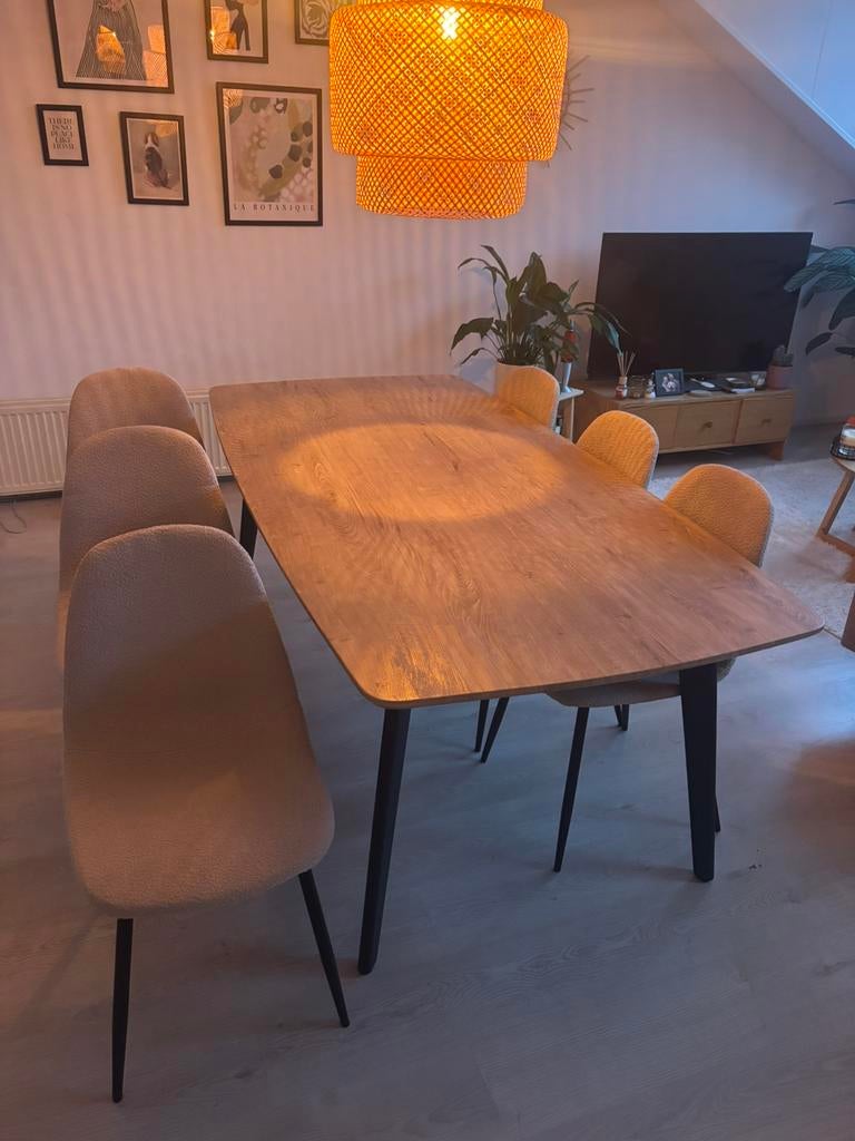 Eettafel + eetkamerstoelen (6 stuks), Ophalen, Eikenhout, 200 cm of meer, 50 tot 100 cm