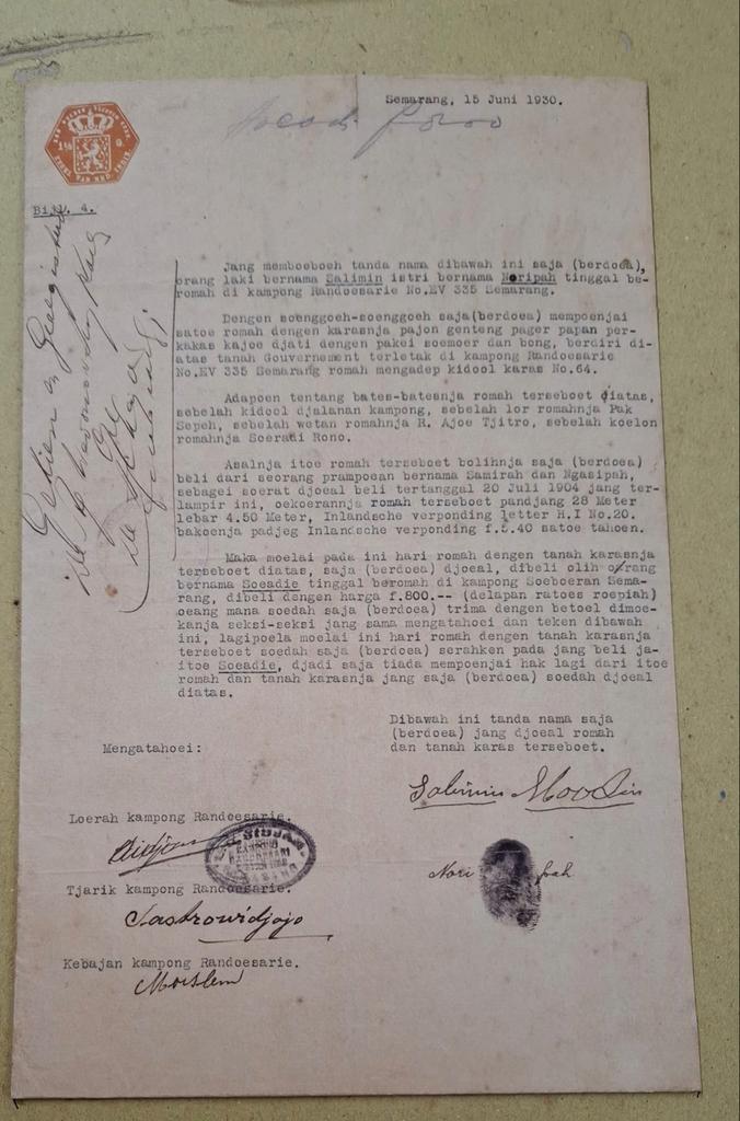 Oude akte van verkoop huis en grond Semarang 1930, Ophalen of Verzenden, Gebruikt